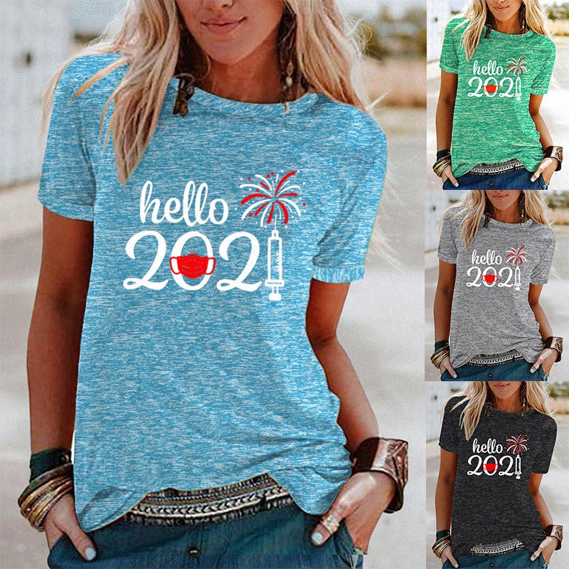 wish hello 2021 pattern printed contrast short sleeve T-shirt for women - Image 2