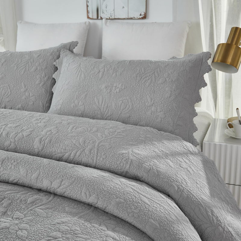 Brandream Brandream Quilted Pillow Shams Set of 2 Standard Size Cotton Grey Farmhouse Bedding Shabby Luxury Vintage Pillow Covers for Queen Full Size Bed  - Image 3