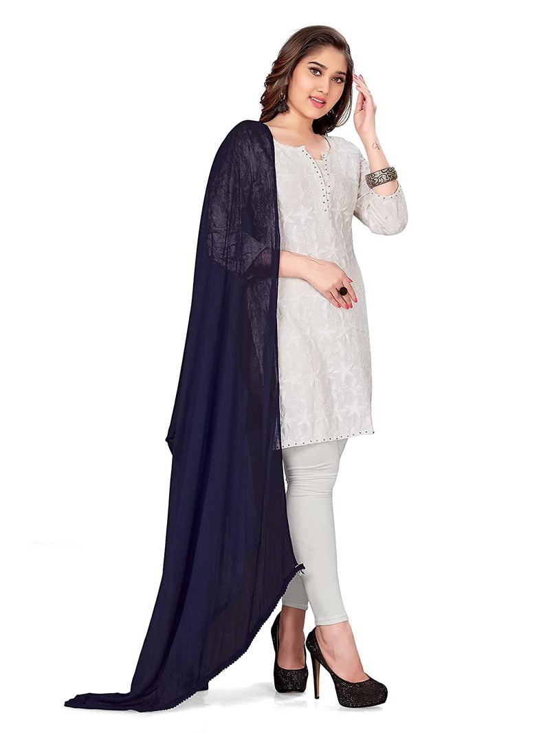 Tulsi Women's Solid Casual Faux Chiffon Dupatta/Chunni/Sacarf With Pom Pom Lace (Length: 2.25 Meter, Width: 1 Meter) (Pack Of 1) (Navy Blue) - Image 1