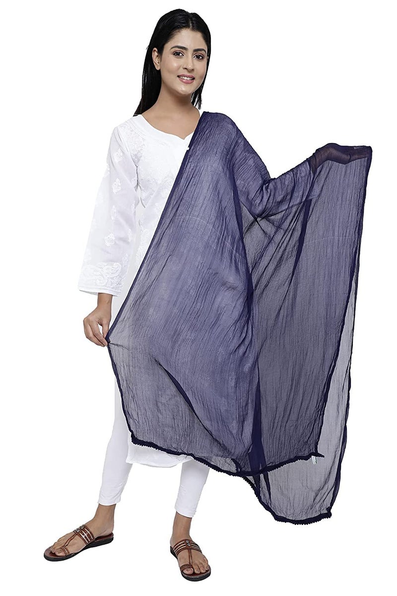 Tulsi Women's Solid Casual Faux Chiffon Dupatta/Chunni/Sacarf With Pom Pom Lace (Length: 2.25 Meter, Width: 1 Meter) (Pack Of 1) (Navy Blue) - Image 2