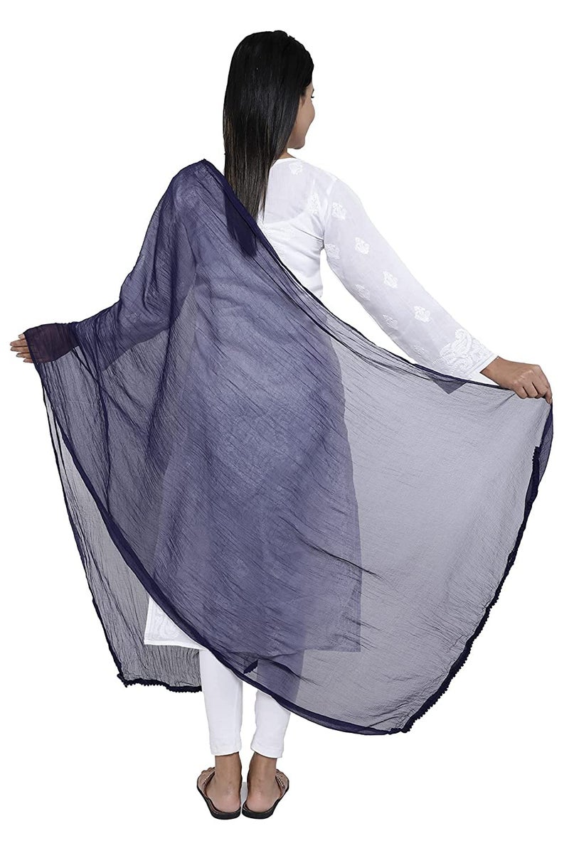Tulsi Women's Solid Casual Faux Chiffon Dupatta/Chunni/Sacarf With Pom Pom Lace (Length: 2.25 Meter, Width: 1 Meter) (Pack Of 1) (Navy Blue) - Image 4