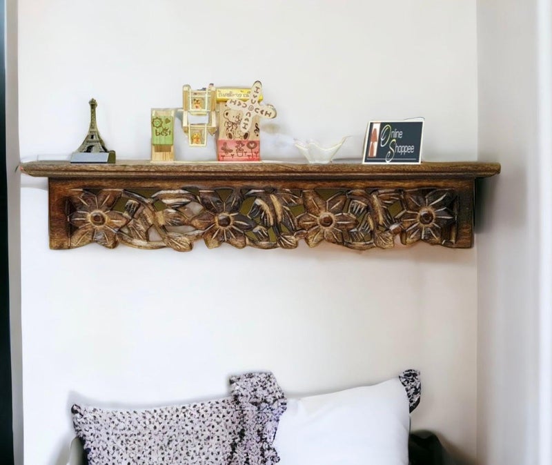 Onlineshoppee Wooden Hand Carved Wall Shelf with Jali Work - Decorative Display Rack for Living Room - Image 3