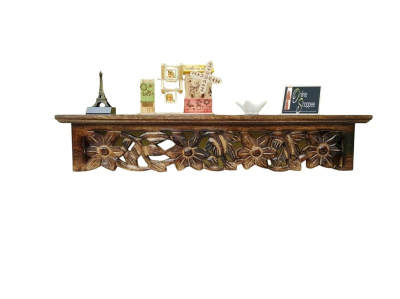 Onlineshoppee Wooden Hand Carved Wall Shelf with Jali Work - Decorative Display Rack for Living Room - Image 5