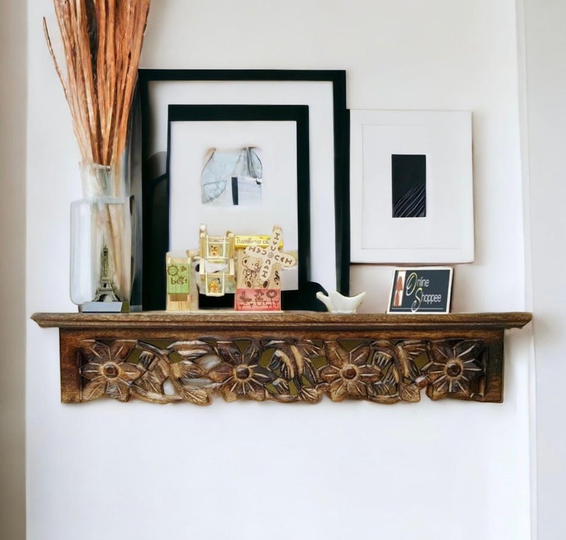 Onlineshoppee Wooden Hand Carved Wall Shelf with Jali Work - Decorative Display Rack for Living Room - Image 2