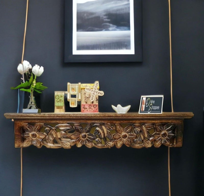 Onlineshoppee Wooden Hand Carved Wall Shelf with Jali Work - Decorative Display Rack for Living Room - Image 1