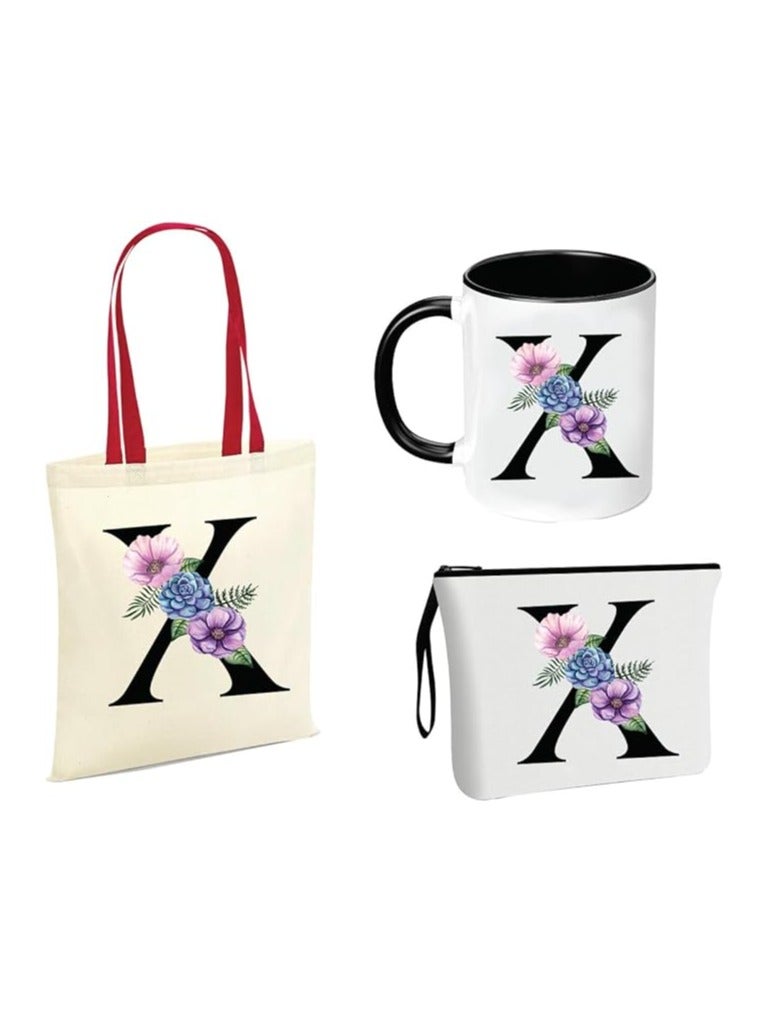PRINTSHOP4ME Initial Letters Canvas Cotton Tote Bag With Red Handle and Cosmetic pouch for girls - Mug gifts - Pack of 3 Combo set -Giftset for wedding - Gifts for girls - Gift for friends - Image 1