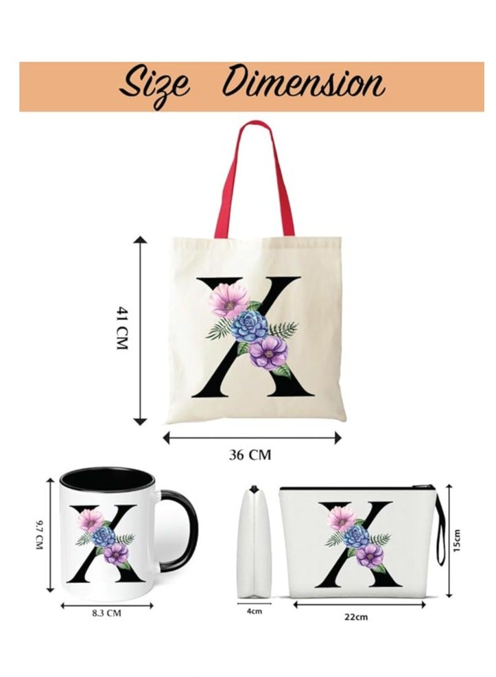 PRINTSHOP4ME Initial Letters Canvas Cotton Tote Bag With Red Handle and Cosmetic pouch for girls - Mug gifts - Pack of 3 Combo set -Giftset for wedding - Gifts for girls - Gift for friends - Image 3