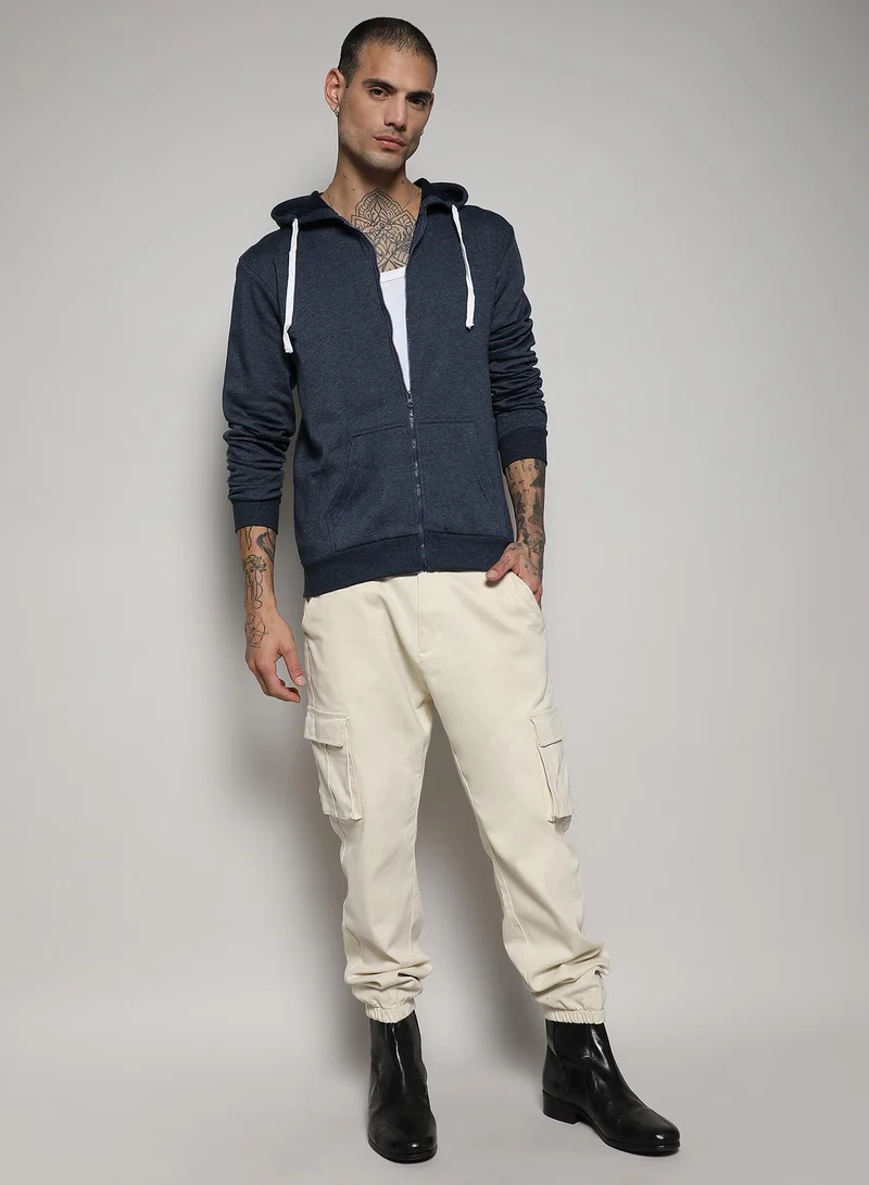 Campus Sutra Men's Dark Blue Zip-Front Hoodie With Contrast Drawstring