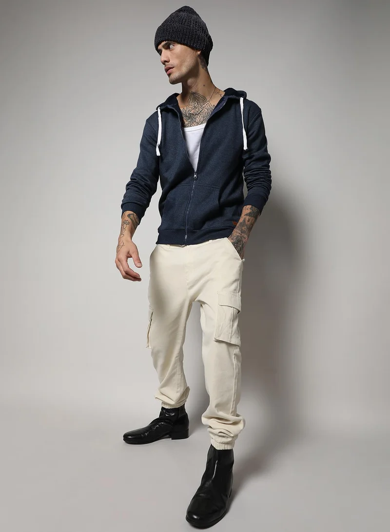 Campus Sutra Men's Dark Blue Zip-Front Hoodie With Contrast Drawstring