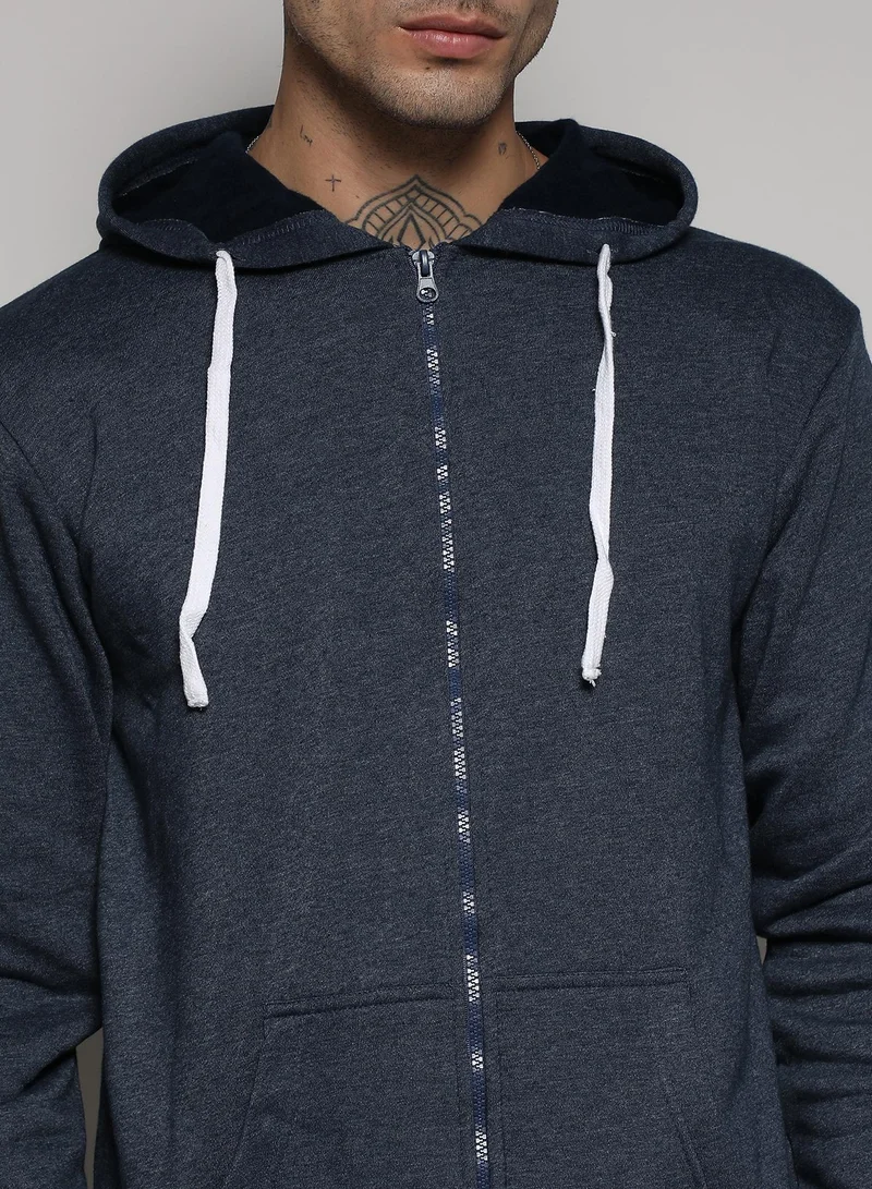 Campus Sutra Men's Dark Blue Zip-Front Hoodie With Contrast Drawstring