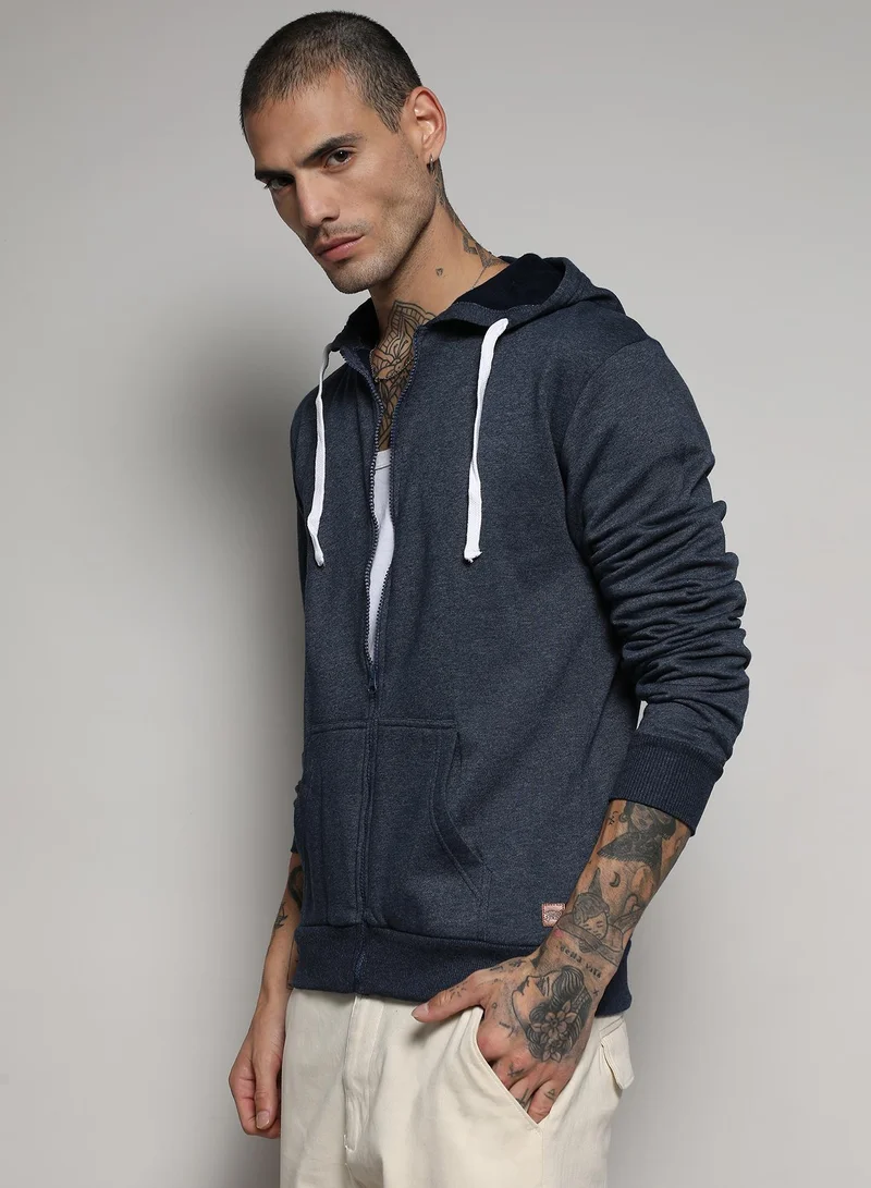 Campus Sutra Men's Dark Blue Zip-Front Hoodie With Contrast Drawstring