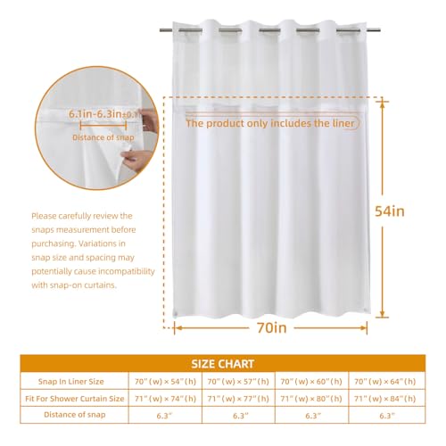 eachope 1 Pack Fabric Snap-in Shower Curtain Liner Replacement,Compatible with No Hook Shower Curtain with Snap in Liner, Removable & Water-Repellent,Machine Washable,70x54,White - Image 3