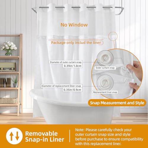 eachope 1 Pack Fabric Snap-in Shower Curtain Liner Replacement,Compatible with No Hook Shower Curtain with Snap in Liner, Removable & Water-Repellent,Machine Washable,70x54,White - Image 2