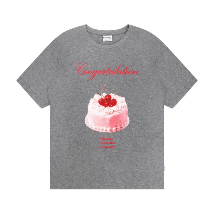 Tiktok Popular Cute Cherry Cream Cake Print Casual Pure Cotton Short-Sleeve T-Shirt Women'S Korean Version Sweet Half-Sleeve - Image 1