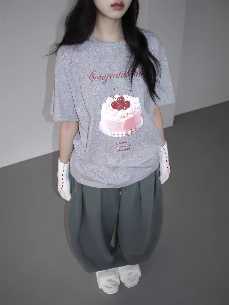 Tiktok Popular Cute Cherry Cream Cake Print Casual Pure Cotton Short-Sleeve T-Shirt Women'S Korean Version Sweet Half-Sleeve - Image 4