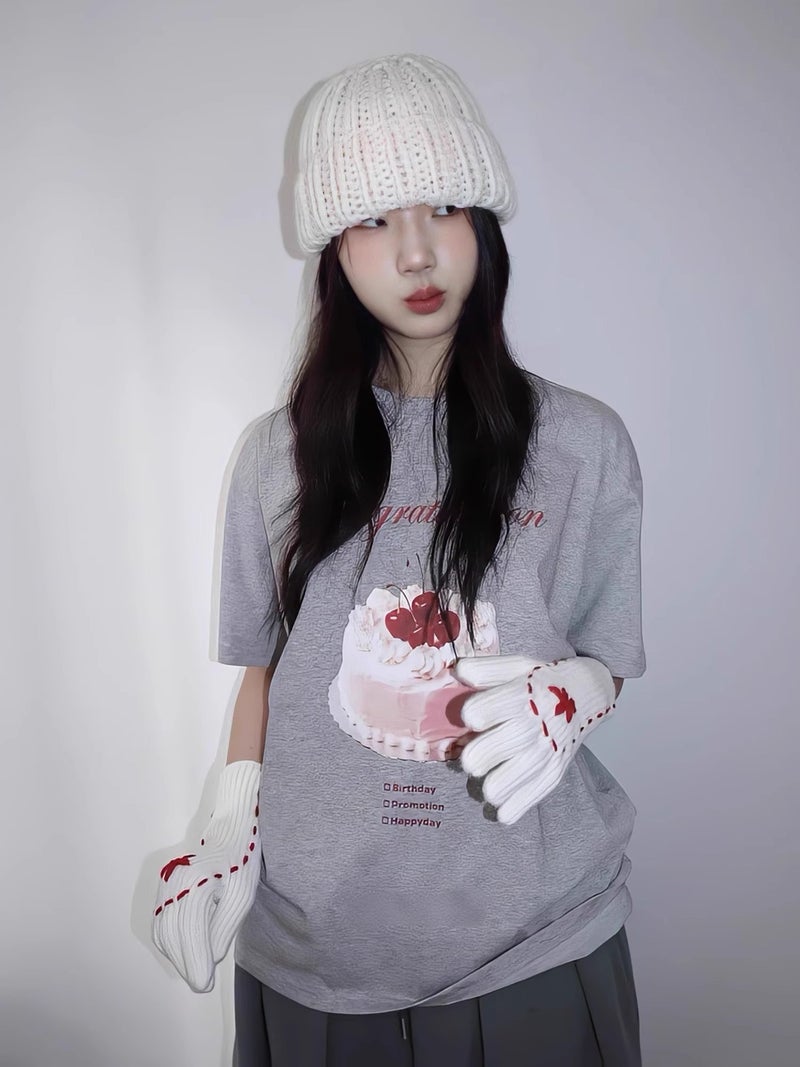 Tiktok Popular Cute Cherry Cream Cake Print Casual Pure Cotton Short-Sleeve T-Shirt Women'S Korean Version Sweet Half-Sleeve - Image 2