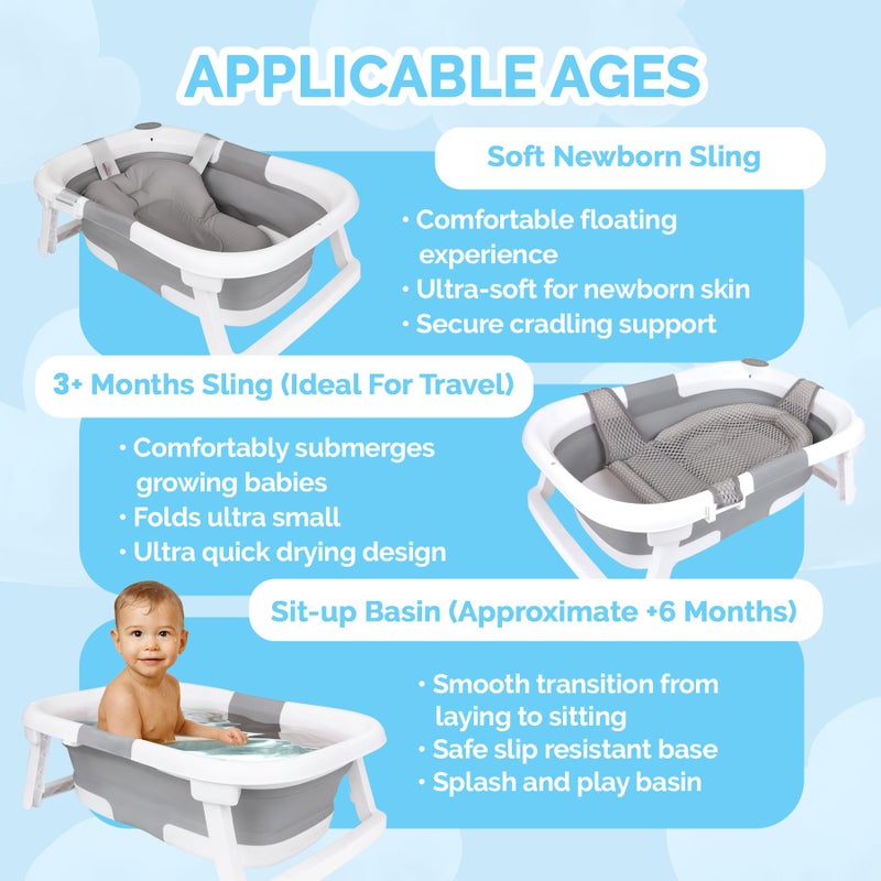 BEBELEHâ„¢ Collapsible Baby Bathtub â€“ Bathtub + Baby tub Sling + Newborn Sling â€“ Baby Bathtub Newborn to Toddler 0-24 Months â€“ The Ultimate Travel Baby Bath Tub and Everyday Use! (Gray) - Image 4