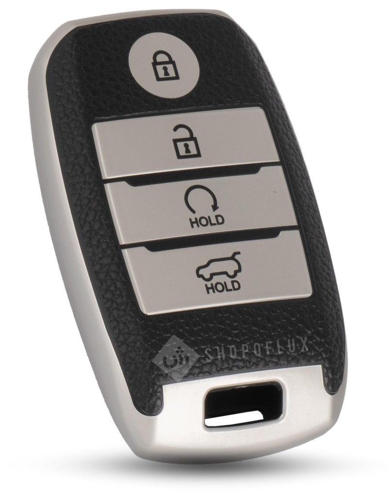 SHOPOFLUX TPU Leather Key Cover Compatible with Kia Seltos | Sonet | Carens 4 Button Smart Key (Black Silver) - Image 1