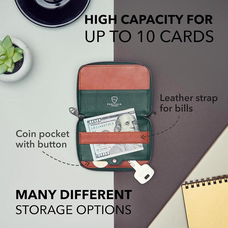 Vaultskin NOTTING HILL Slim Leather Zip Wallet, Coin Purse, RFID (Green) - Image 5