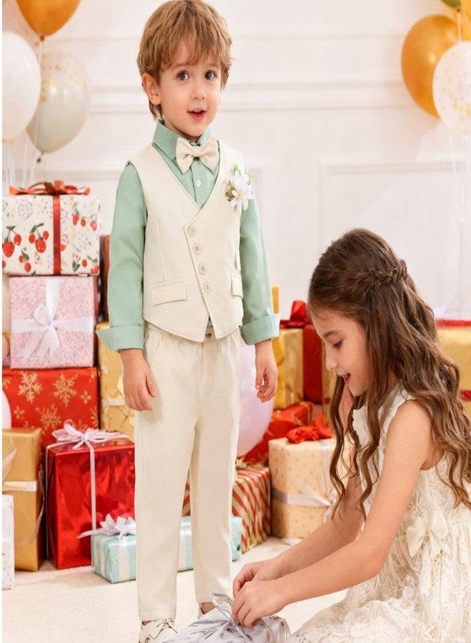 ChYoung Toddler Baby Boy Clothes Suit Boys Formal Wedding Outfits Gentleman Dress Shirt + Suspender Pants + Vest + Bowtie (US, Age, 18 Months, 24 Months, Khaki) - Image 3