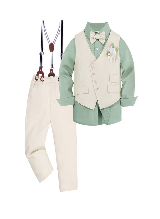ChYoung Toddler Baby Boy Clothes Suit Boys Formal Wedding Outfits Gentleman Dress Shirt + Suspender Pants + Vest + Bowtie (US, Age, 18 Months, 24 Months, Khaki) - Image 1