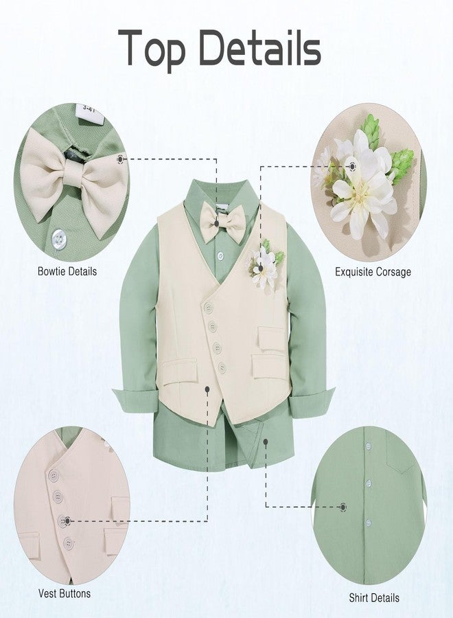 ChYoung Toddler Baby Boy Clothes Suit Boys Formal Wedding Outfits Gentleman Dress Shirt + Suspender Pants + Vest + Bowtie (US, Age, 18 Months, 24 Months, Khaki) - Image 5