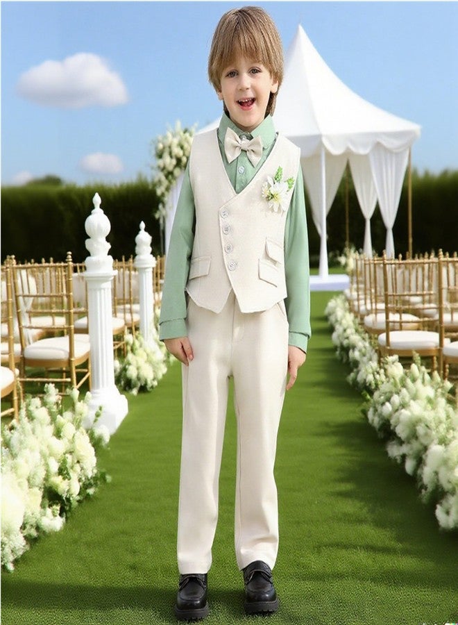 ChYoung Toddler Baby Boy Clothes Suit Boys Formal Wedding Outfits Gentleman Dress Shirt + Suspender Pants + Vest + Bowtie (US, Age, 18 Months, 24 Months, Khaki) - Image 2