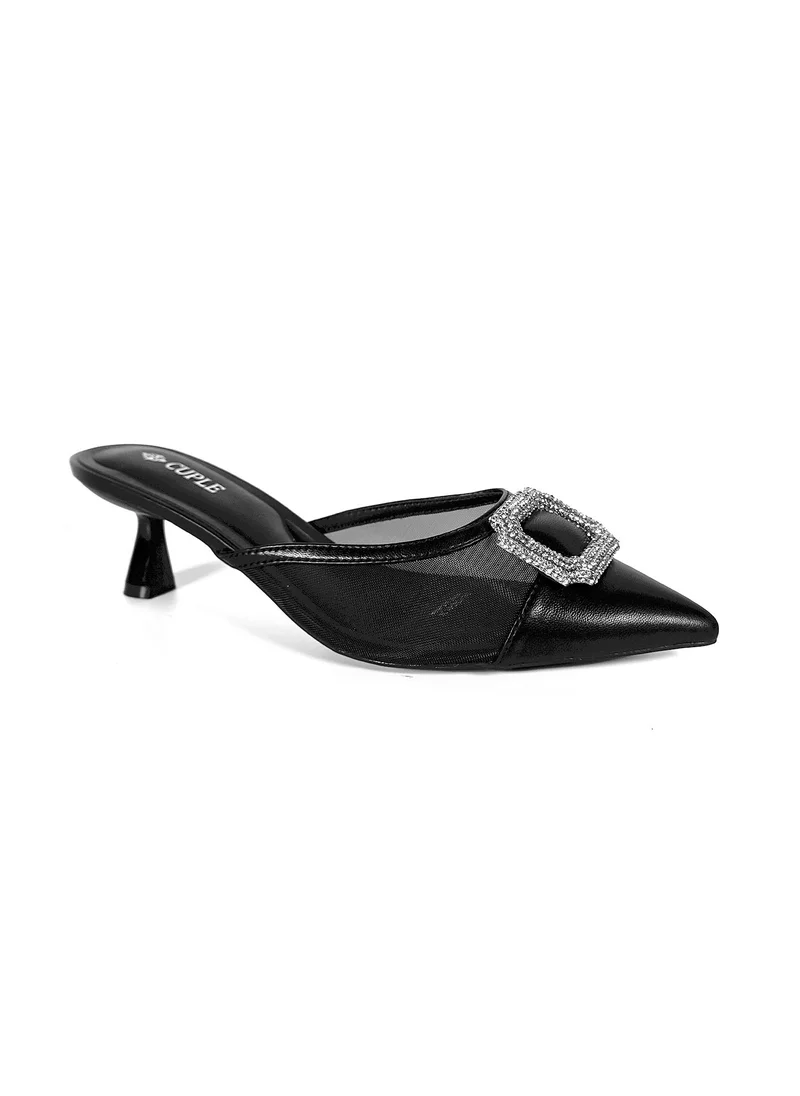 كيوبل Womens heeled with mesh embelished mules
