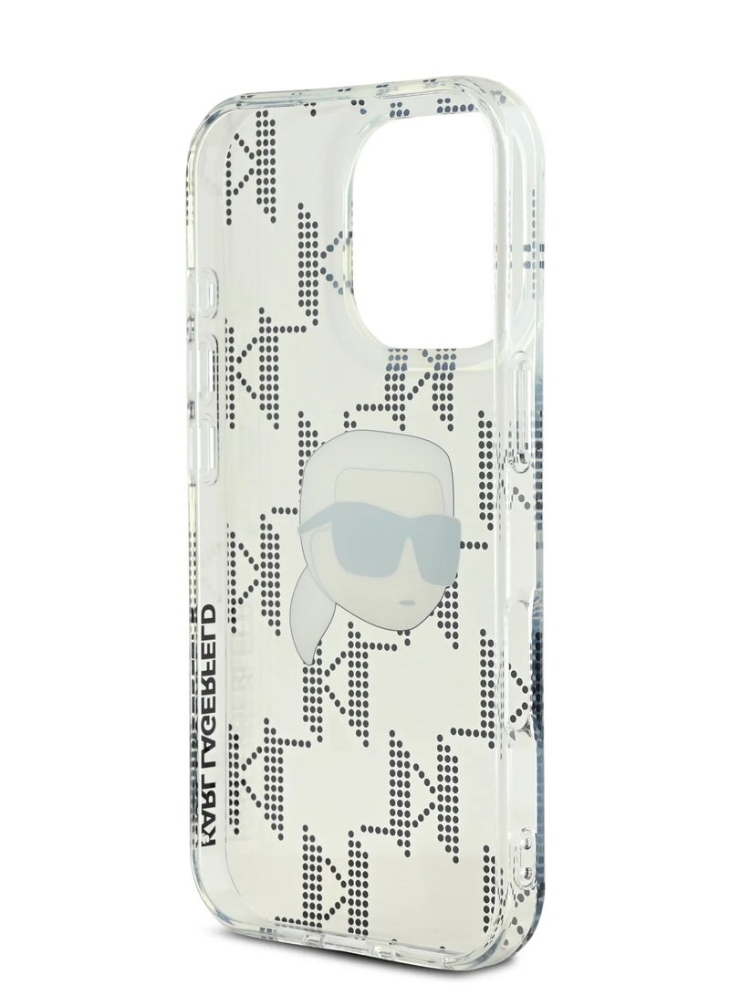 كارل لاغرفيلد جراب IML صلب لهاتف ايفون 16 برو ماكس مع تصميم رأس كارل مطلي بالكهرباء وشعار / حماية من السقوط / تصميم نحيف / سهل التركيب / قبضة مريحة - شفاف - Image 5