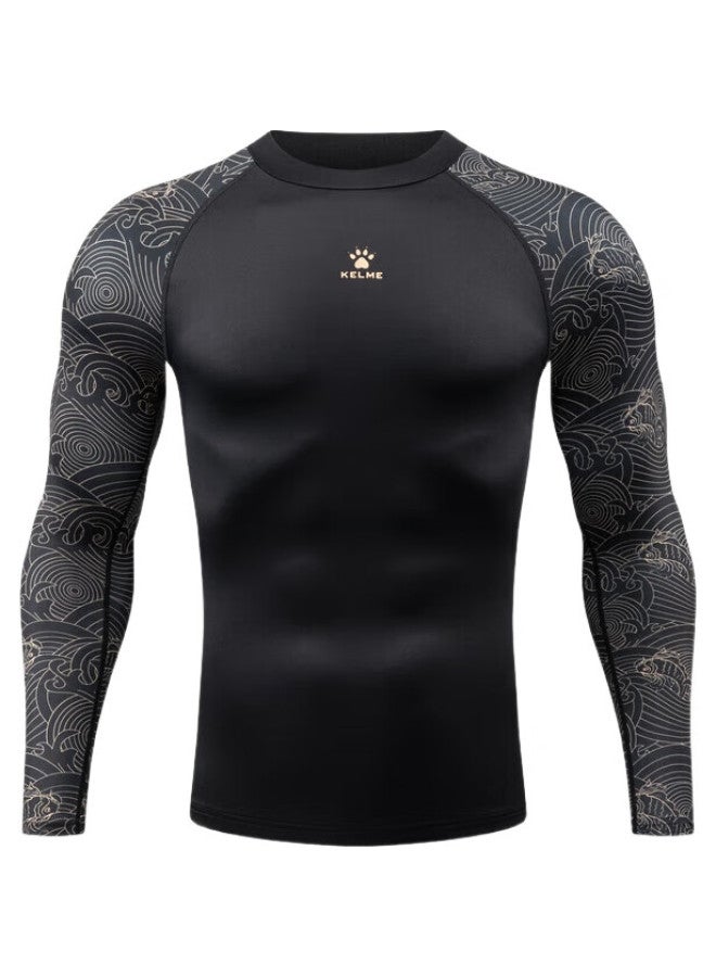 KELME قميص ضغط رياضي للرجال بأكمام طويلة من سلسلة سنة التنين مع تصميم سمكة كوي، أسود أوبسيديان 2XL - Image 1