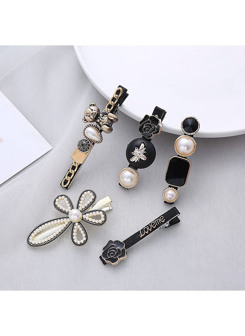 Rugelyss - Rugelyss 5 Pcs Black Bear Rose Pearls and Rhinestone Hair Clips, Handmade Hair Barrettes, Alligator bobby pins, Glitter Crystal Hairpin, Elegant Gold Hair Accessories, Gifts for Women Girls - Image 1