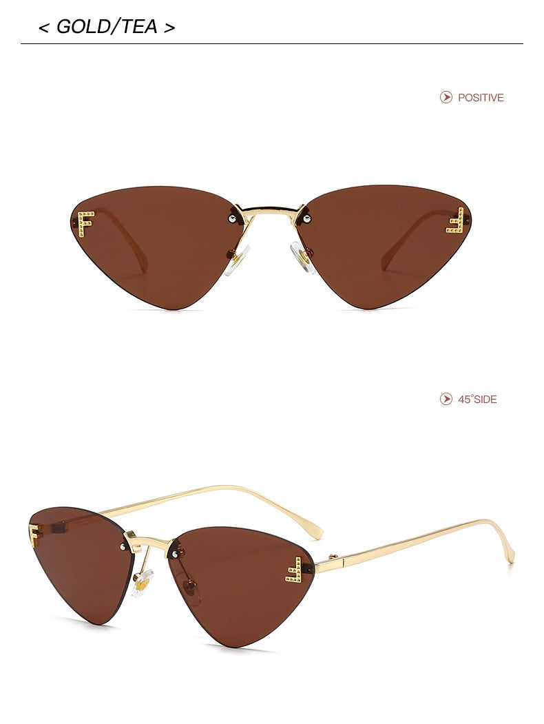 Fendi Rimless Cat Eye Sunglasses Gold Metal Frame UV400 Fashion Shades for Women with Tea Brown Lenses - Image 2