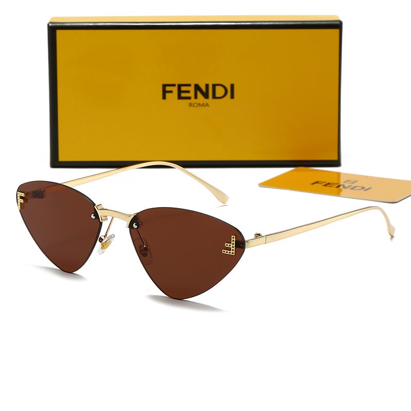 Fendi Rimless Cat Eye Sunglasses Gold Metal Frame UV400 Fashion Shades for Women with Tea Brown Lenses - Image 1