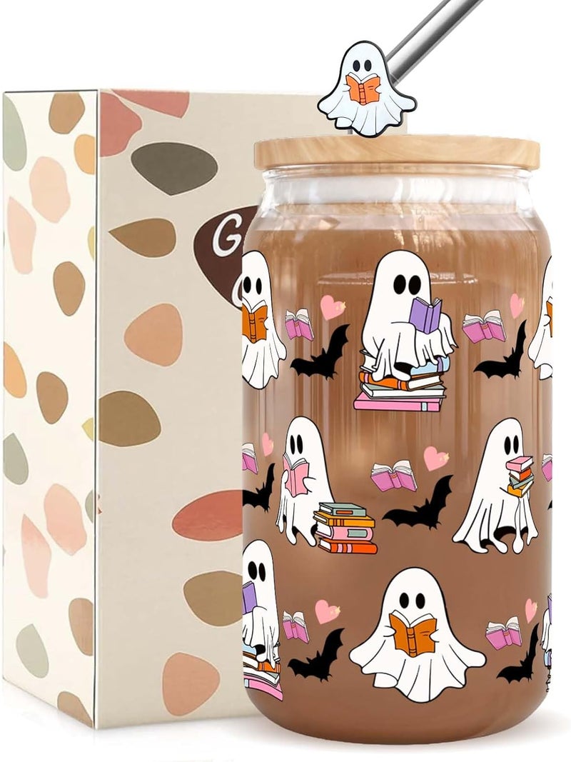 RVEAFA Halloween Gifts for Book Lovers Women Cute Halloween Ghost Reader Iced Coffee Cup with Lid and Straw 16oz Book Themed Bookworm Reading Gifts for Librarian Reader - Image 1