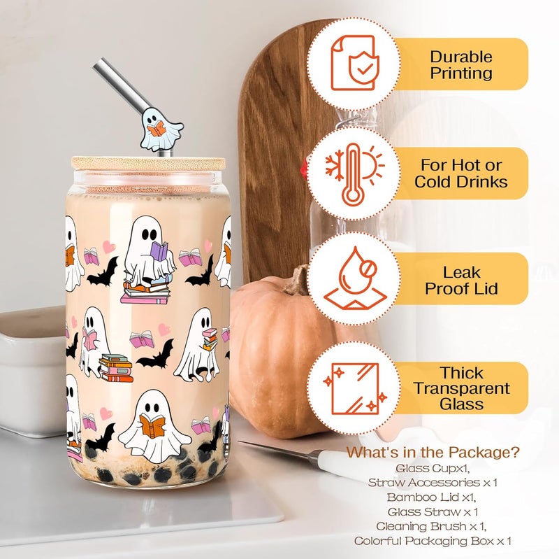 RVEAFA Halloween Gifts for Book Lovers Women Cute Halloween Ghost Reader Iced Coffee Cup with Lid and Straw 16oz Book Themed Bookworm Reading Gifts for Librarian Reader - Image 3