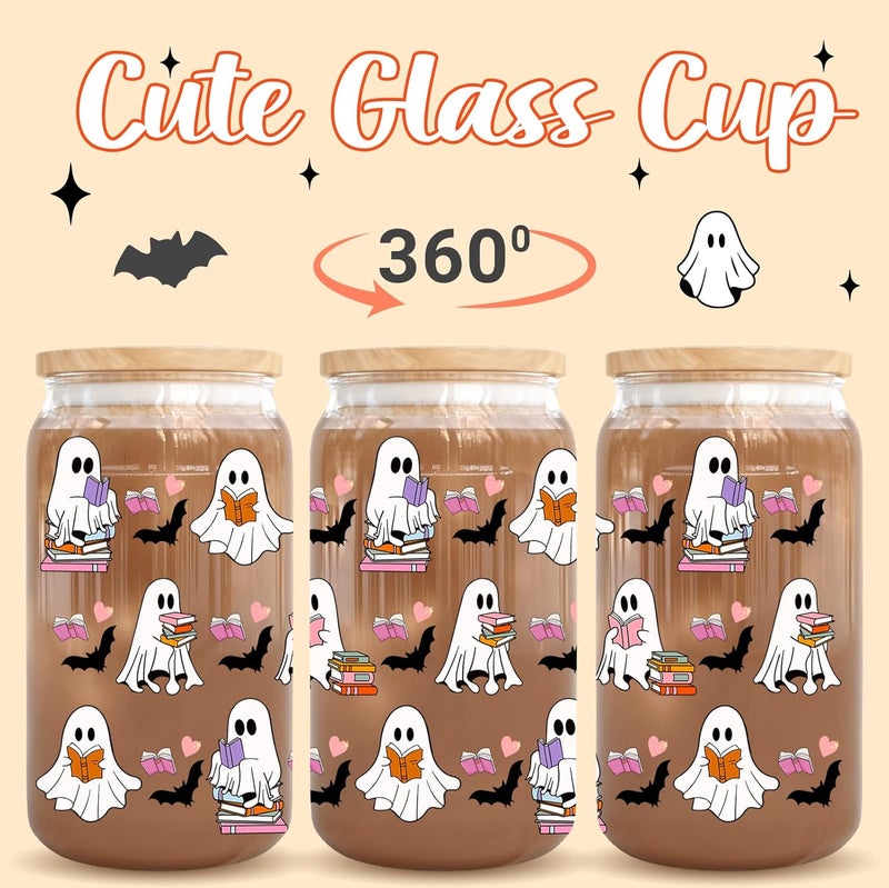 RVEAFA Halloween Gifts for Book Lovers Women Cute Halloween Ghost Reader Iced Coffee Cup with Lid and Straw 16oz Book Themed Bookworm Reading Gifts for Librarian Reader - Image 2