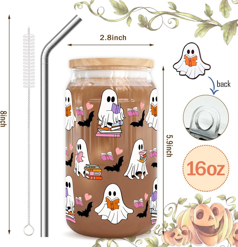 RVEAFA Halloween Gifts for Book Lovers Women Cute Halloween Ghost Reader Iced Coffee Cup with Lid and Straw 16oz Book Themed Bookworm Reading Gifts for Librarian Reader - Image 4