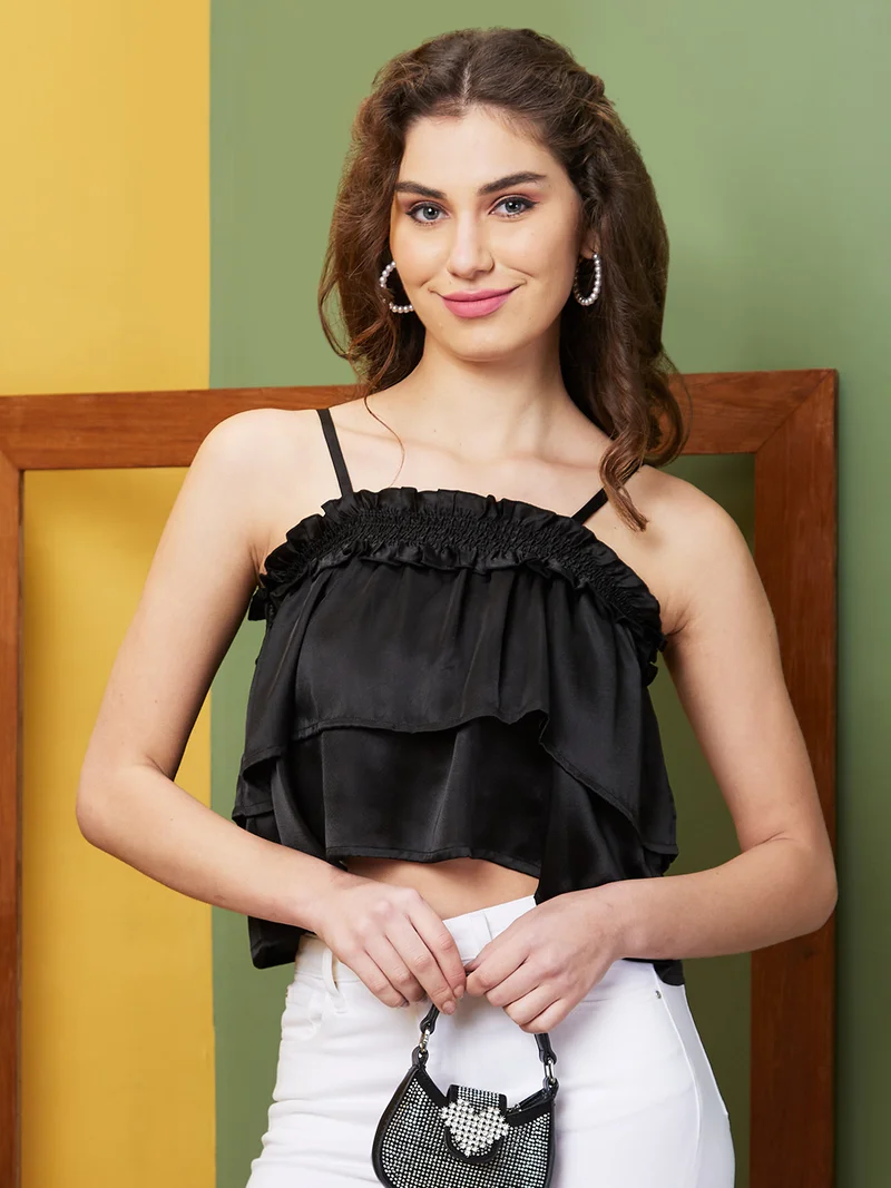 globus Women Black Textured Shoulder Straps Party Crop Top