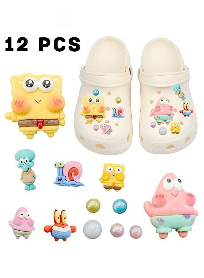 سبونج بوب سكوير بانتس 12 قطعة من الرسوم المتحركة ثلاثية الأبعاد لأحذية كروكس، مجموعة إكسسوارات أحذية لطيفة، ديكورات أحذية متطابقة يمكنك صنعها بنفسك، حلي كروكس الرائعة والملونة، ديكورات أحذية سبونج بوب (الأحذية غير متضمنة) - Image 1