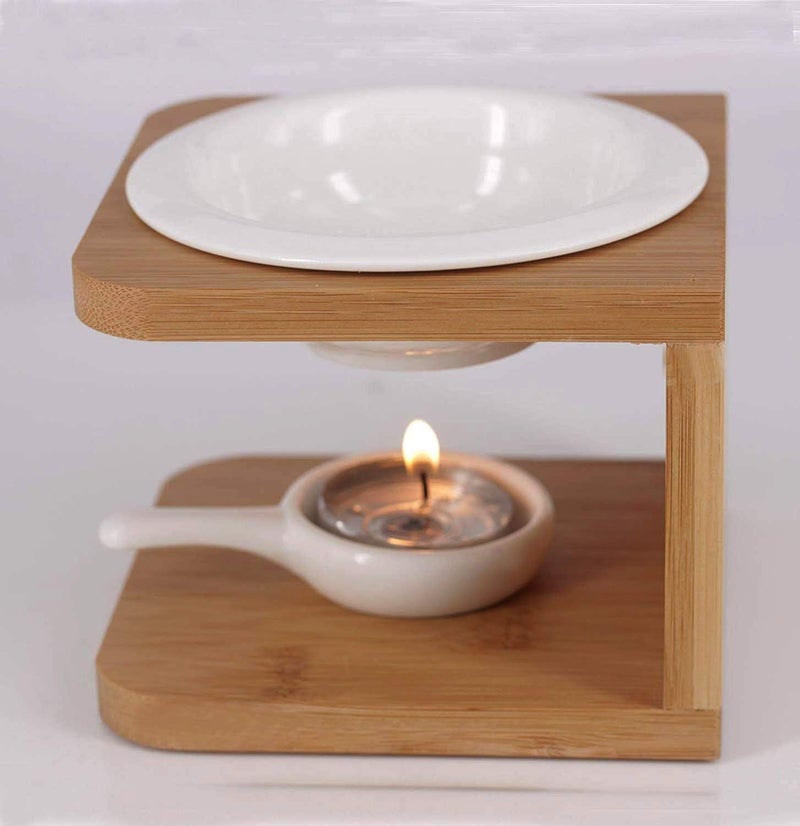 Singeek 100ML Ceramic Tea Light Holder,Essential Oil Burner Candle Aroma Diffuser for Spa Yoga Meditation (I-Shaped White, Wood) - Image 4