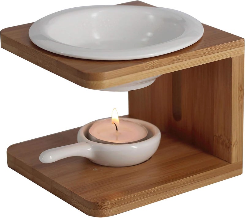 Singeek 100ML Ceramic Tea Light Holder,Essential Oil Burner Candle Aroma Diffuser for Spa Yoga Meditation (I-Shaped White, Wood) - Image 3