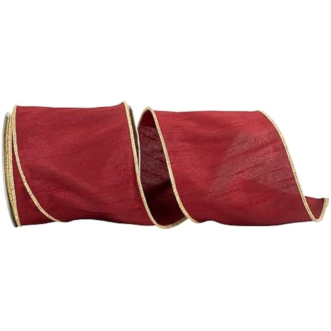 RIBBON - DUPIONI COLORS DELUXE WIRED EDGE, SCARLET/GOLD, 4 INCH, 10 YARDS