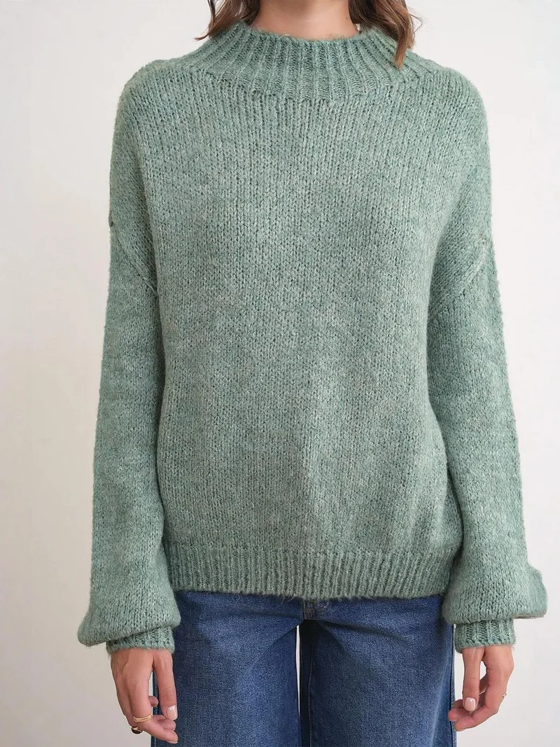 Mixray Sage Green Mixray Relaxed Fit Crew Neck Thick Knit Sweater for Women | Best Price UAE