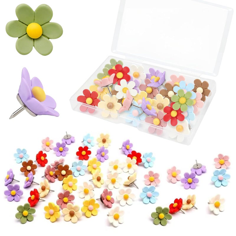 VYNFLICK Flower Push Pins - 50 Pcs Cute Decorative Colorful Floral Thumb Tacks for Cork Board Wall Bulletin Board Travel Map Photo Home Office Supplies Accessories - Image 1