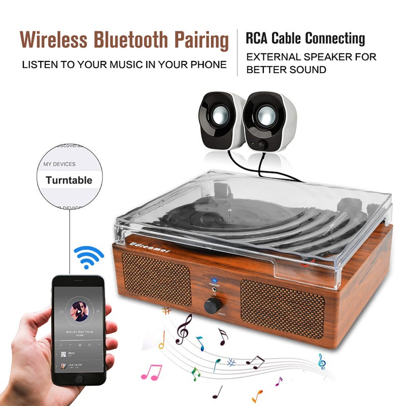 Udreamer Vinyl Record Player Wireless Turntable with Built-in Speakers and USB Belt-Driven Vintage Phonograph Record Player 3 Speed for Entertainment and Home Decoration - Image 2