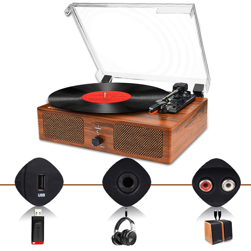 Udreamer Vinyl Record Player Wireless Turntable with Built-in Speakers and USB Belt-Driven Vintage Phonograph Record Player 3 Speed for Entertainment and Home Decoration - Image 4