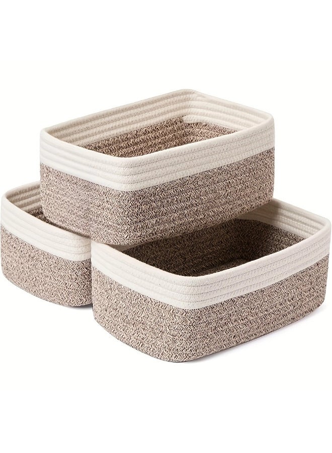 Kawkab White linen-colored shelf storage basket, 3-piece set, dimensions: 30*19*12cm. Small cotton rope woven basket, small storage box for nurseries, bathrooms, closets, cube shelves, decorations, and gift baskets. Used for organizing bathroom shelves, small cotton woven baskets, and nursery decoration baskets. - Image 1