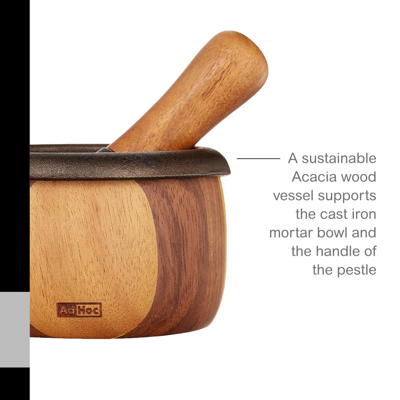 Adhoc طقم مدقة وهاون من الخشب والحديد الزهر من AdHoc - مطحنة يدوية للأعشاب والتوابل - وعاء من خشب الأكاسيا مع مدقة من الحديد الزهر - مطحنة مريحة وغير قابلة للكسر - تصميم حديث للهاون والمدقة - Image 4