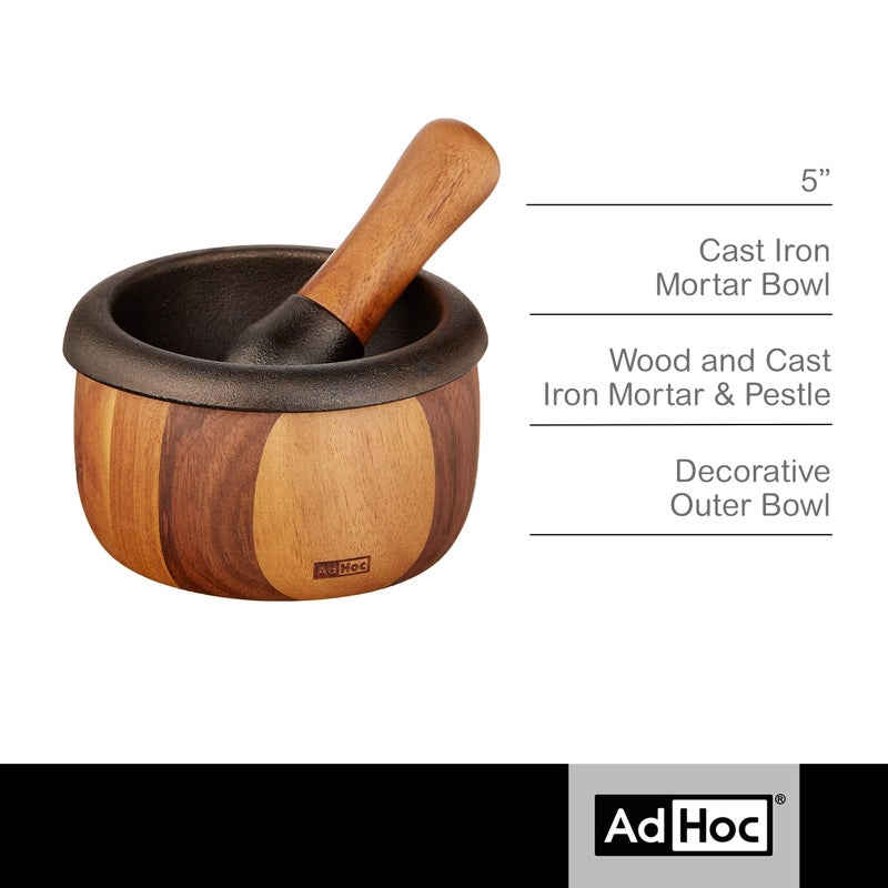 Adhoc طقم مدقة وهاون من الخشب والحديد الزهر من AdHoc - مطحنة يدوية للأعشاب والتوابل - وعاء من خشب الأكاسيا مع مدقة من الحديد الزهر - مطحنة مريحة وغير قابلة للكسر - تصميم حديث للهاون والمدقة - Image 2