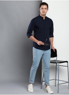 Dennis Lingo Slim Fit Dark Blue Men's Casual Spread Collar Shirt, Full Sleeves, 100% Cotton,  - Image 1
